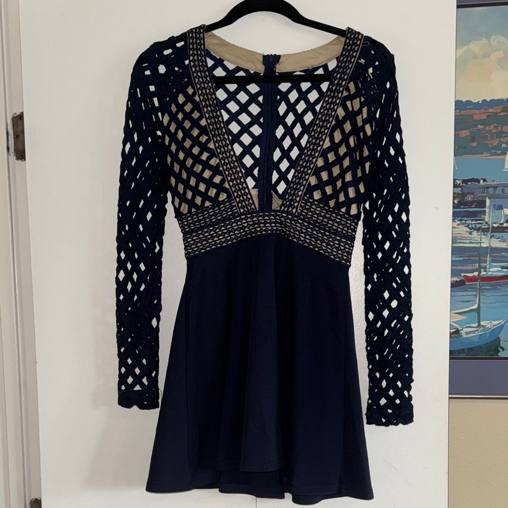 Navy Lattice Long Sleeve A-Line Mini Dress